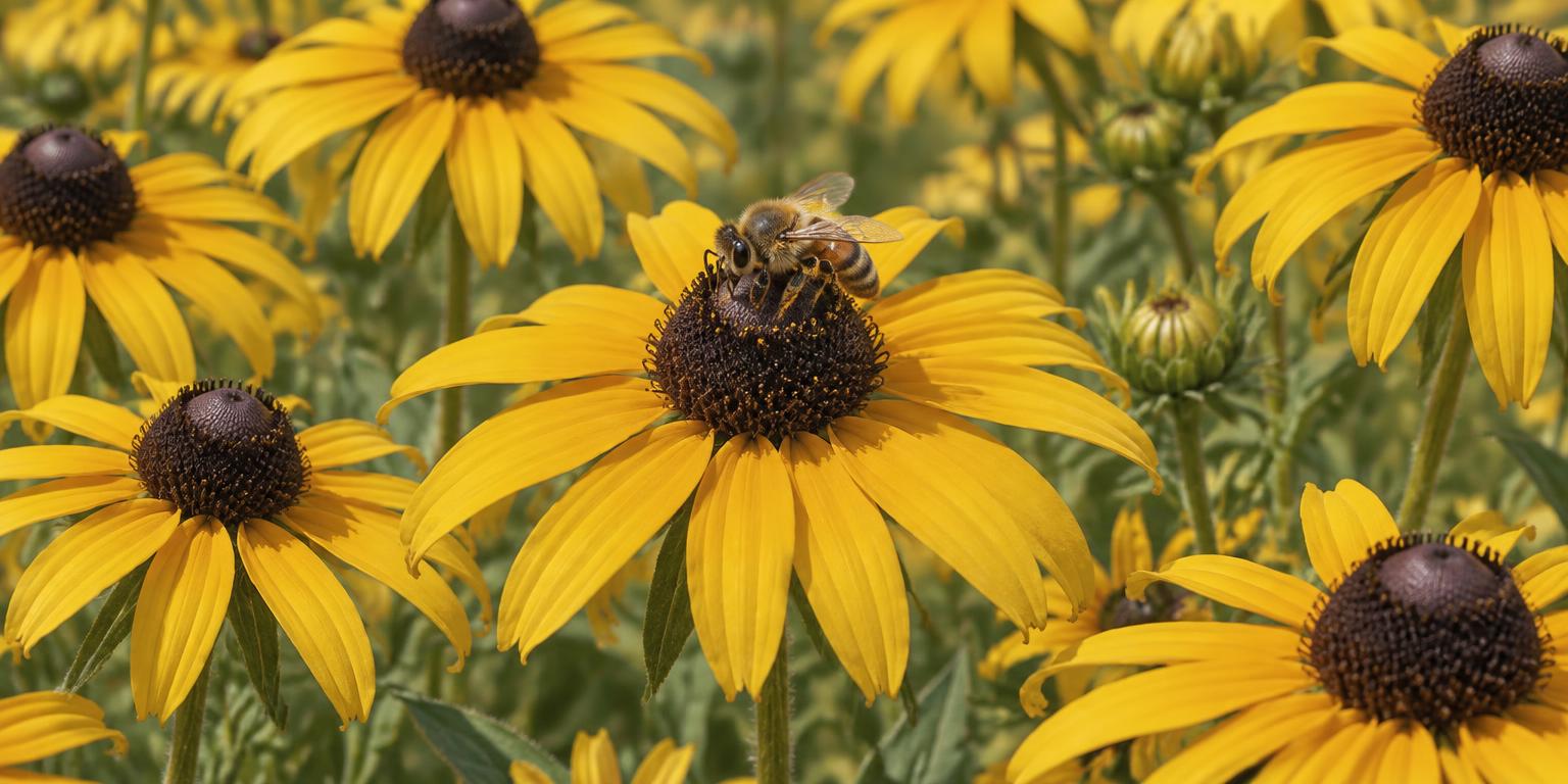 A honeybee feeding on bright yellow Black-eyed Susan flowers