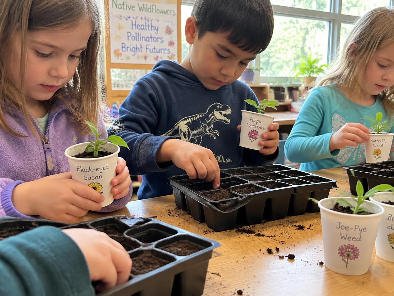 Young students' hands holding small cups of native seedlings in a classroom